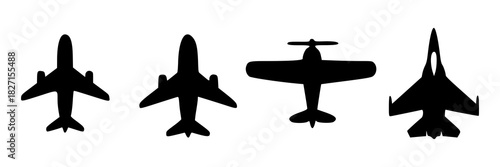 Four silhouettes of different airplanes from above
