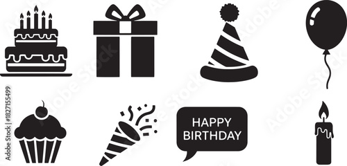 Birthday Celebration Icons Set: Cake, Gift Box, Party Hat, Balloon, Cupcake, Confetti Popper, Happy Birthday Sign, Candle
