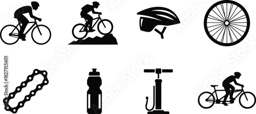 Cycling Icon Set: Rider, Mountain Bike, Helmet, Wheel, Chain, Bottle, Pump, Silhouette Vectors