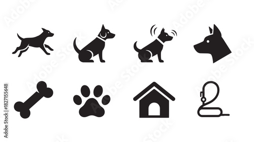 Dog Accessories Icons Vector Set Bone Paw Print Doghouse Leash Supplies Care Items Pet Ownership Animal Companion Needs