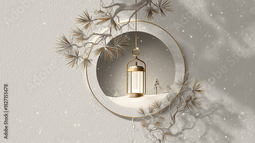 A lantern and small fir trees in snow within circular frame with gold border and copy space for premium holiday packaging and luxury branding