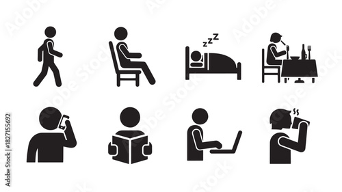 People Activity Icons Vector Illustration Walking Sitting Sleeping Dining Talking Reading Laptop Using Drinking Hot Beverage Pictogram Symbols