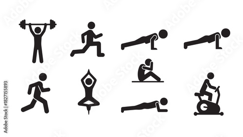 Fitness Sport Exercise Icons Set Line Style Barbell Runner Push Ups Yoga Sit Ups Stationary Bike Gym Training Activity Pictogram
