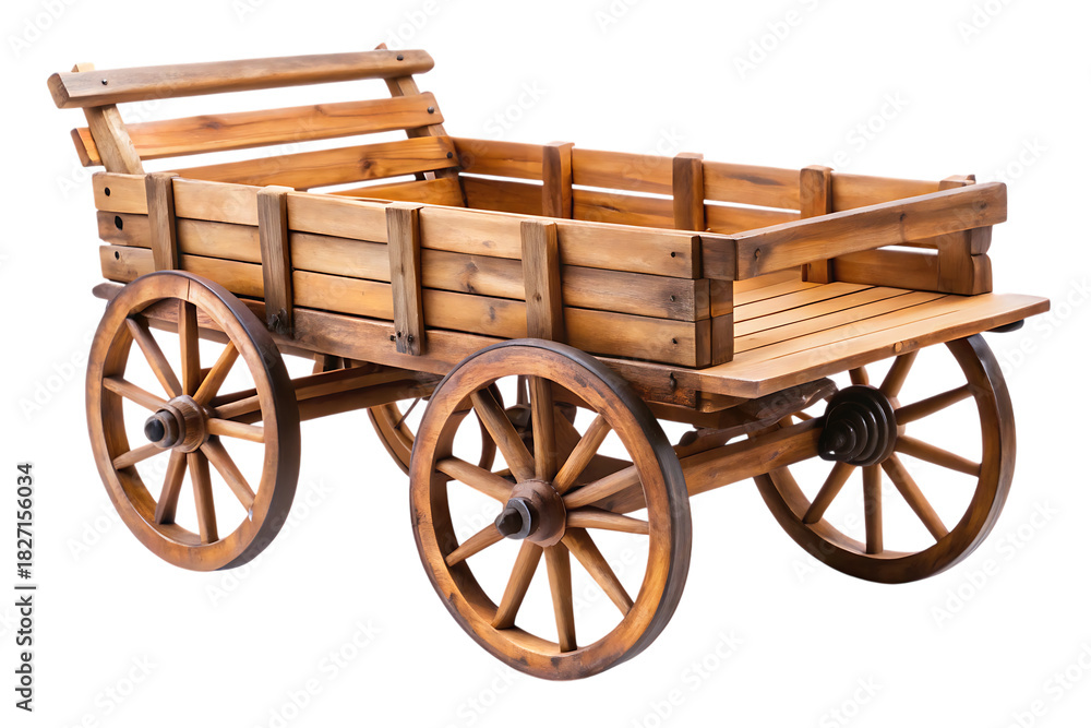 Fototapeta premium Antique wooden cart, with slatted sides and a bench seat, cutout, PNG, isolated on white or transparent background, AI