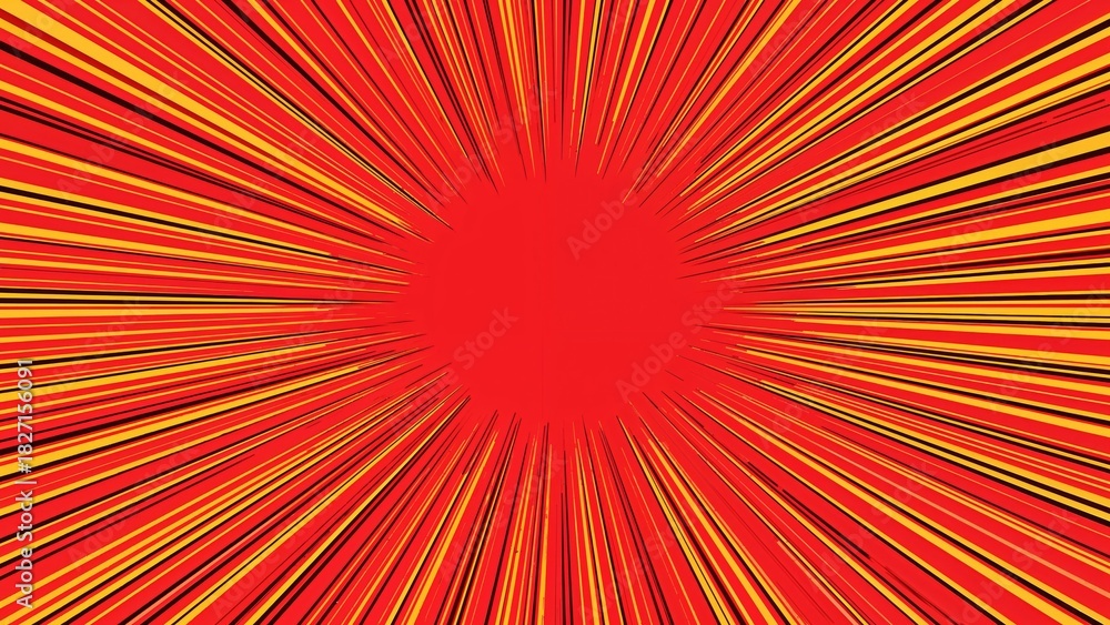 Fototapeta premium Bright red explosion with rays emanating outward in orange, yellow, and black tones.