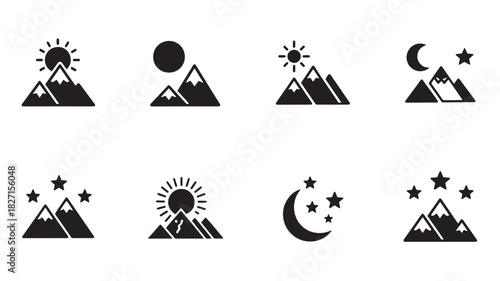 Mountain Vectors Set Sun Moon Star Night Scene Daybreak Landscape Range Nature Rock Climbing Outdoors Adventure Travel Tourism