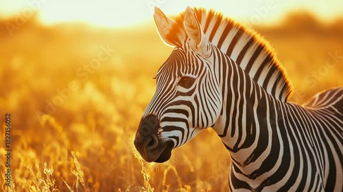 A majestic zebra gracefully roams through the golden grassland, basking in the warm, light of the sunset, creating a breathtaking scene that epitomizes the beauty and tranquility of the wild outdoors