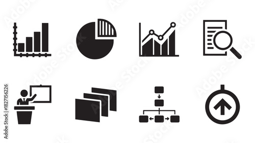 Business Data Analysis Icons Vector Set Chart Statistic Graph Document Presentation Diagram Growth Flow Isolated Illustration