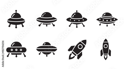 Collection of Simple Black Spacecraft Icons on White: UFO, Rocket, Spaceship. Elements for Space Exploration, Astronomy