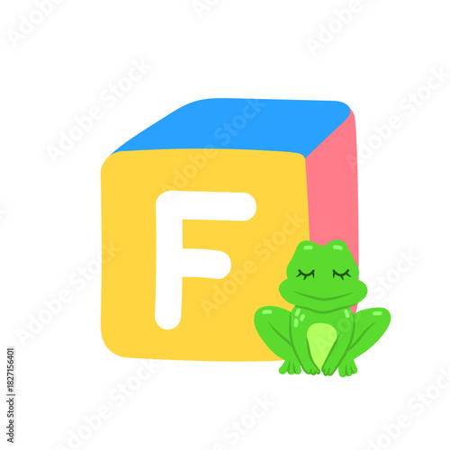 Cute block toy with letter F for kids. Alphabet study, preschool kids, word puzzle game.
