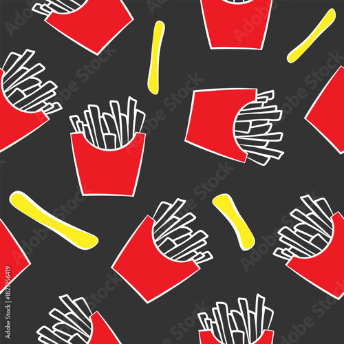 French fries fast food vector seamless pattern template. Unhealthy junk food wallpaper. Cartoon flat outline illustration. Hand drawn icon on chalkboard.