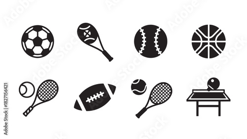 Various Balls and Racquets Sports Equipment Set Black Silhouette Vector on White: Soccer, Tennis, Baseball, Basketball, Ping Pong