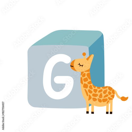 Cute block toy with letter G for kids. Alphabet study, preschool kids, word puzzle game.