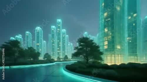 Futuristic city skyline at night.