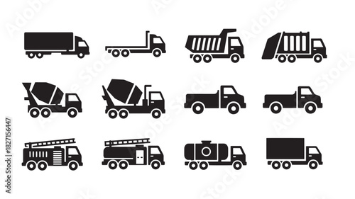 Trucks Set Delivery Tipper Concrete Mixer Pickup Fire Engine Tanker Service Transport Vehicle Vector