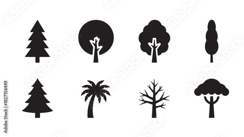 Tree Icon Set Evergreen Round Crown Slim Bare Palm Silhouette Wood Forest Nature Vector