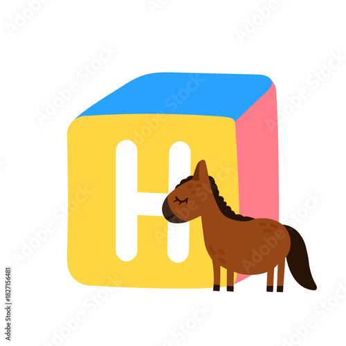 Cute block toy with letter H for kids. Alphabet study, preschool kids, word puzzle game.