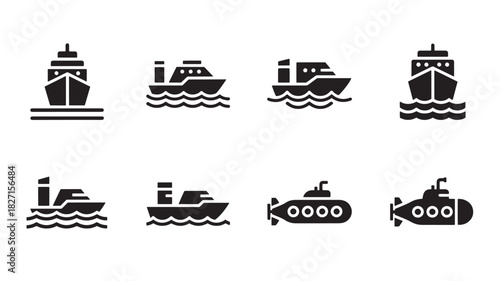 Marine Transport Icon Set: Cruise Ship, Boat and Submarine Isolated on White Background