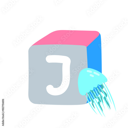 Cute block toy with letter J for kids. Alphabet study, preschool kids, word puzzle game.