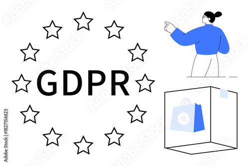 GDPR text surrounded by stars, person pointing ahead, and shopping bag in box. Ideal for data protection, privacy law, e-commerce, regulation, compliance, online security simple flat metaphor