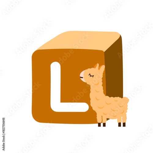 Cute block toy with letter L for kids. Alphabet study, preschool kids, word puzzle game.