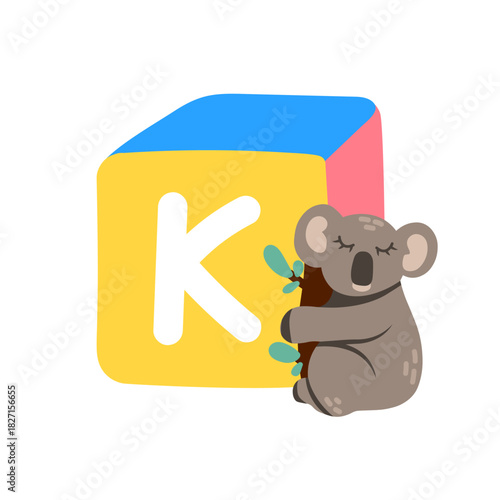 Cute block toy with letter K for kids. Alphabet study, preschool kids, word puzzle game.