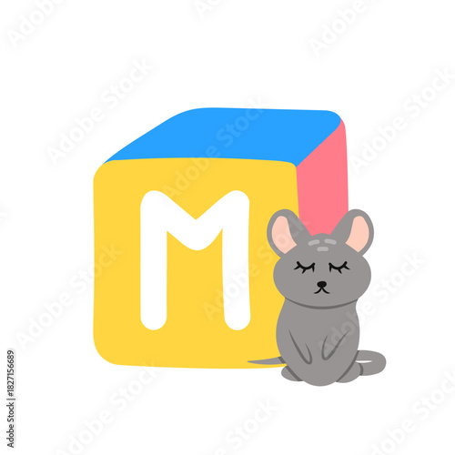 Cute block toy with letter M for kids. Alphabet study, preschool kids, word puzzle game.