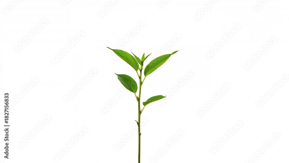 Fototapeta premium Young plant with green leaves and stem. Growth and nature, concept. Environmental sustainability and plant development. The concept of nature and ecological balance