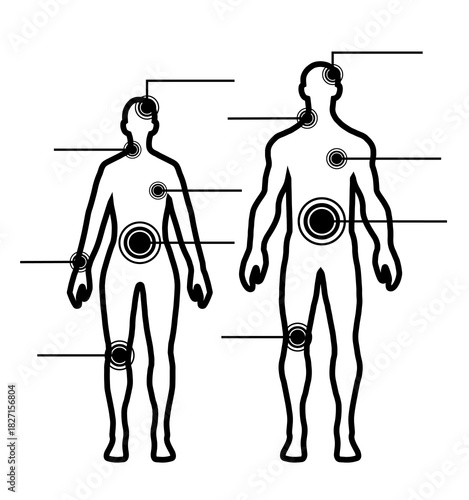 Full height human body shape isolated on white background. Pain localization, medical concept. Woman and man flat silhouette icon set. Simple linear health care illustration.