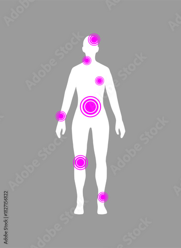 Full height human body shadow shape isolated on white background. Pain localization, medical concept. Cartoon vector health care illustration.