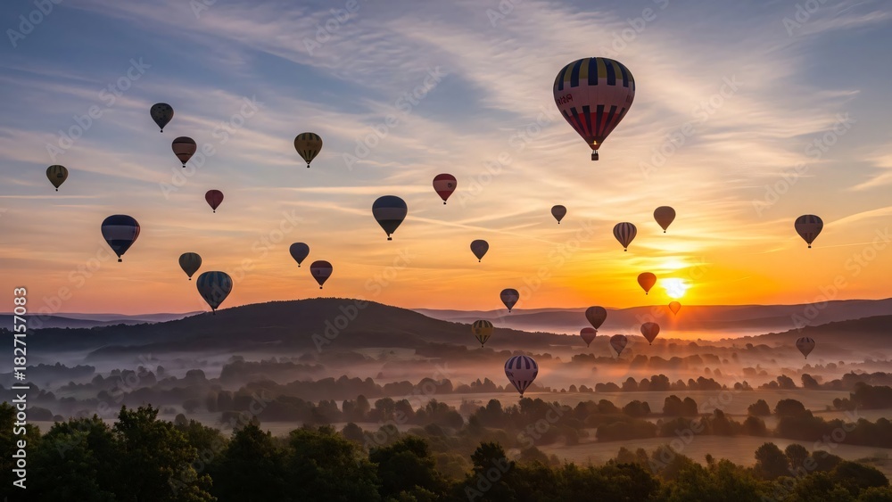 Obraz premium Hot air balloons floating over a misty valley at sunrise.