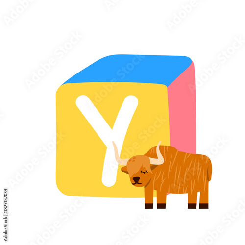 Cute block toy with letter Y for kids. Alphabet study, preschool kids, word puzzle game.