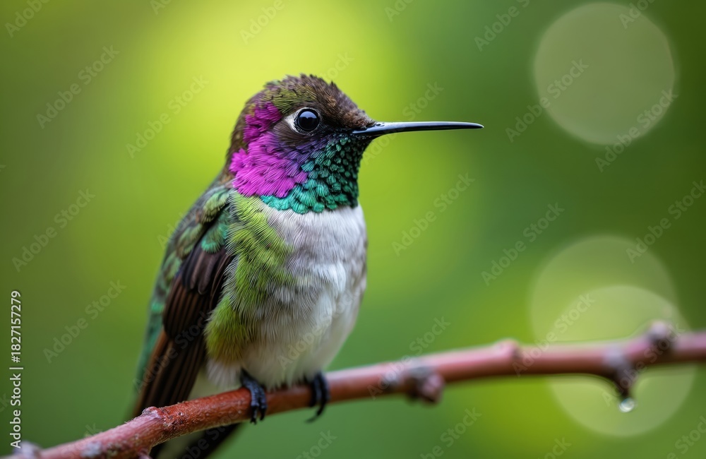 Fototapeta premium Vibrant hummingbird perched on branch in rich green foliage. Intense colors showcase tiny birds beauty. Background bokeh creates depth, focus on subject. Ideal for nature, wildlife travel themes.