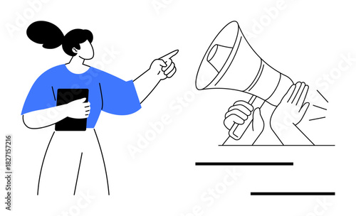 Woman holding tablet and pointing at hands raising megaphone. Ideal for communication, leadership, teamwork, public speaking, motivation, collaboration, advocacy. Simple flat metaphor
