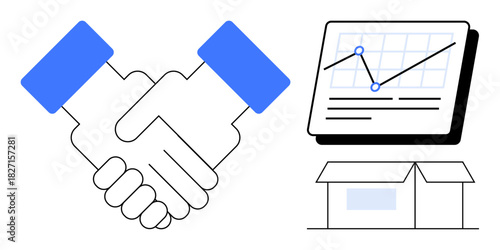 Two hands shaking, upward trend chart, warehouse visualizing collaboration, growth, supply chain, strategy, deals. Ideal for partnership, business logistics teamwork planning commerce simple