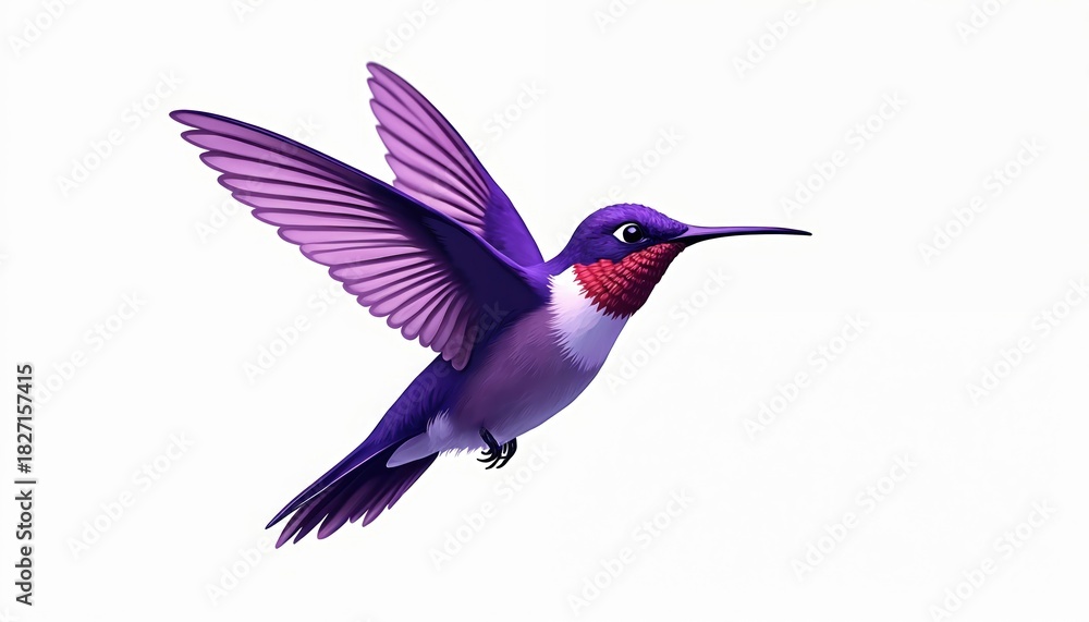 Fototapeta premium Illustration of a purple hummingbird in flight isolated on white. Graphic art shows the bird with detailed feathers wings beak. Design suitable for logo or print.