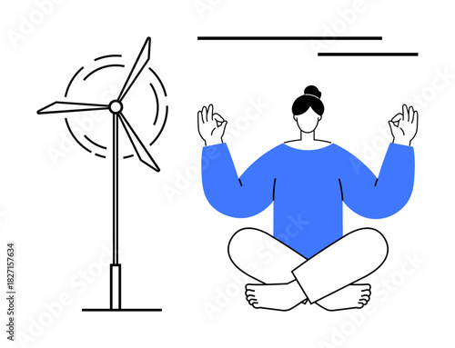 Woman sitting cross-legged in meditation with wind turbine beside her, blending wellness and sustainability. Ideal for eco-consciousness, mindfulness, clean energy, balance, lifestyle, harmony