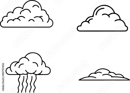 A set of four minimalist line art cloud icons illustrating different atmospheric conditions, including a rain cloud, on a transparent background