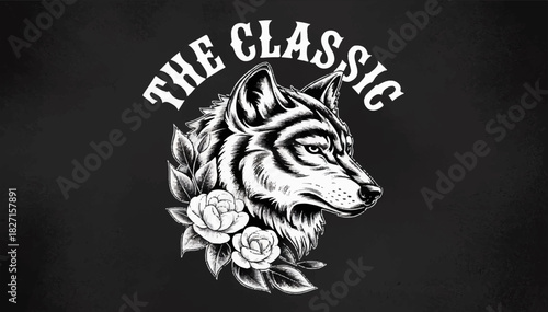 A black and white tattoo-style illustration depicting a wolf's head surrounded by flowers and the inscription The classic. Vector graphics. EPS_02.