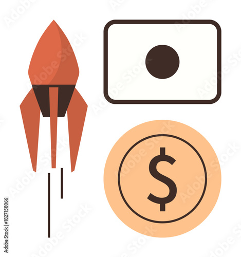 Red rocket representing progress, dollar coin indicating finance, and rectangular shape for strategy. Ideal for investment, business success, growth, startup, entrepreneurship, innovation simple