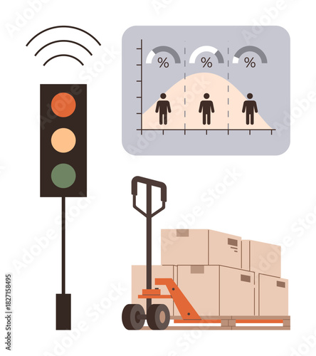 Traffic light with wireless signals, pallet jack with stacked boxes, and analytics chart. Ideal for logistics, supply chain, warehouse management, data tracking, inventory planning, distribution