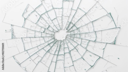 Broken glass mirror with a circular pattern. Fragmented pieces radiating from the center. Abstract shattered glass texture.