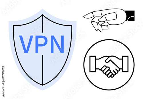 VPN security. VPN shield, handshake icon, and robotic hand convey connection, protection, and technology. VPN ensures encrypted communication. For cybersecurity, tech innovation remote work
