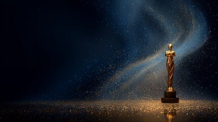 Golden statue awards on dark blue background with glitter and light effect, concept for celebrating victory, recognizing achievement and excellence in performance