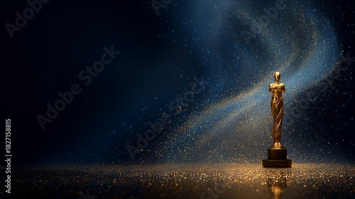 Fototapeta Naklejka Na Ścianę i Meble -  Golden statue awards on dark blue background with glitter and light effect, concept for celebrating victory, recognizing achievement and excellence in performance