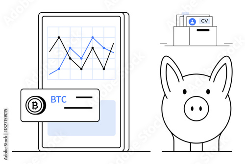Cryptocurrency concept. Cryptocurrency through a graph, Bitcoin logo, piggy bank for savings, and digital file icons. Cryptocurrency investments, savings, fintech, blockchain data processing
