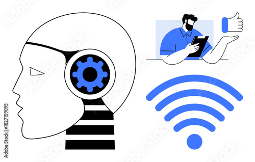 Profile of a robot head with gear, man using tablet with thumbs-up, and wireless symbol. Ideal for AI, innovation, tech, communication, teamwork automation and connectivity. Simple flat metaphor