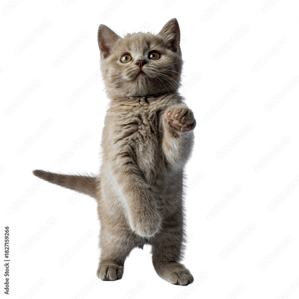 Fototapeta premium Small Fluffy Kitten Standing on Hind Legs Reaching Forward Against Black Background