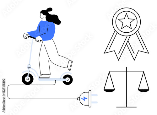 Woman riding e-scooter, scales representing justice, electric plug symbolizing power, and achievement badge. Ideal for sustainability, eco-travel, balance, fairness, reward lifestyle clean energy