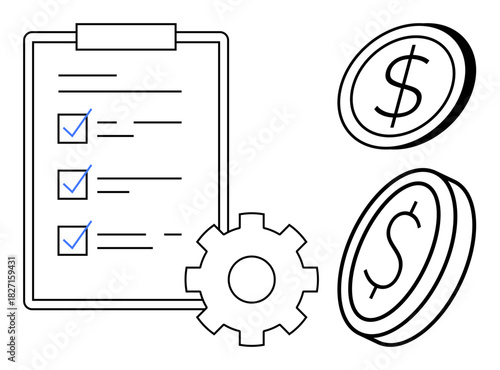 Clipboard with checklist, gear, and coins emphasizing task management, financial planning, and efficiency. Ideal for business, productivity, finance, budgeting workflow optimization simple flat